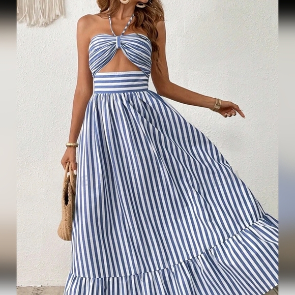 . Dresses & Skirts - Women Vacation Striped Print Cut Out Ruffle Hem One Piece Summer Beach